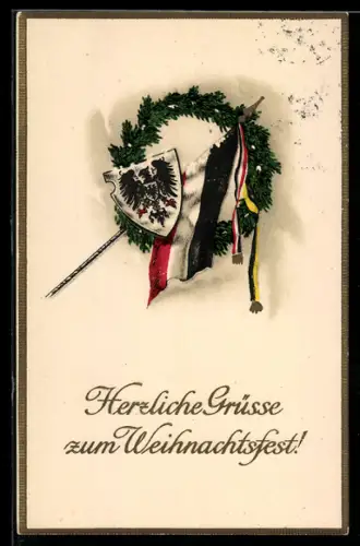 Künstler-AK Grüsse zum Weihnachtsfest, Fahne mit Wappen