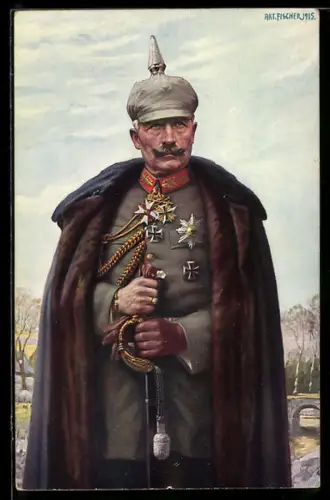 Künstler-AK Art. Fischer: Kaiser Wilhelm II. in Uniform mit Pickelhaube