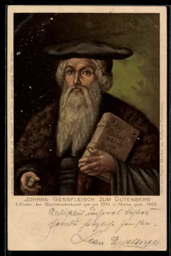 AK Portrait Johann Gensfleisch zum Gutenberg, Erfinder des modernen Buchdruckes