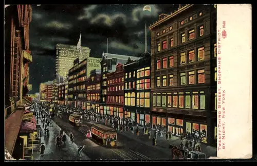 Künstler-AK New York, NY, Tenty-Third Street, Shoppng District by Nicht, Strassenbahn