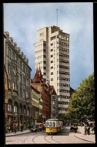 AK Stuttgart, Strassenbahn vor dem Tagblatt-Turmhaus