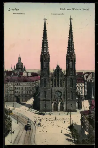 AK Dresden, Sophienkirche, Frauenkirche, Blick von Weber`s Hotel