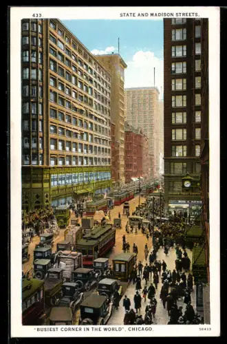 AK Chicago, State and Madison Streets, Strassenbahn