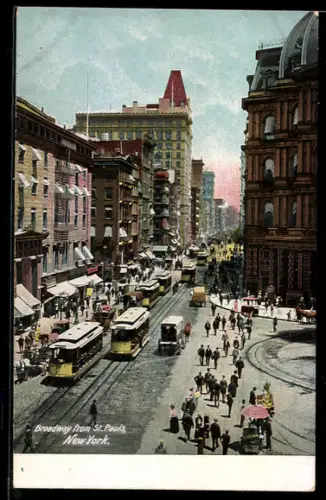AK New York, NY, Broadway from St. Paul`s, Strassenbahn