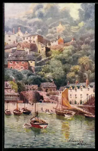 AK Clovelly, The Harbour, Segelschiffe mit Blick auf Häuser am Hang