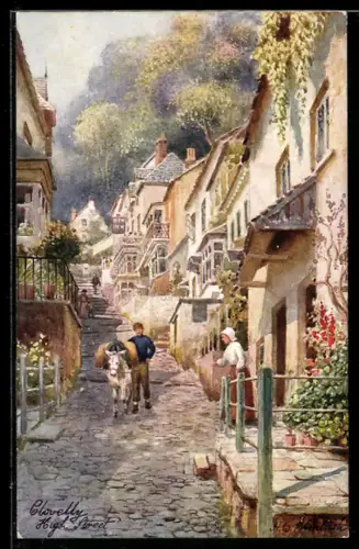AK Clovelly, High Street mit Häuserzeile und Lastenesel