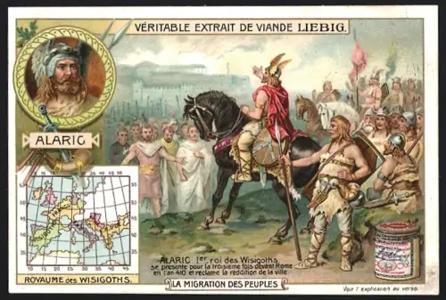 6 Sammelbilder Liebig, Serie Nr. 824: La Migration des Peuples, Théodoric, Genséric, Attila, Odoacre, Aetius, Alaric