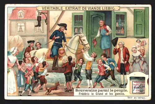 6 Sammelbilder Liebig, Serie Nr. 977: Souverains parmi le peuple, Henri IV, Joseph II d`Autriche, Pierre le Grand