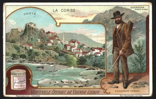 6 Sammelbilder Liebig, Serie Nr. 1039: La Corse, Bonifacio, Ajaccio, Bastia, Sartène, Calvi, Corte