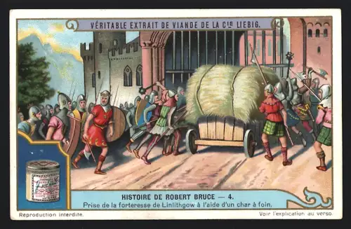 6 Sammelbilder Liebig, Serie Nr. 1160: Histoire de Robert Bruce, Couronnement secret, Combat singulier