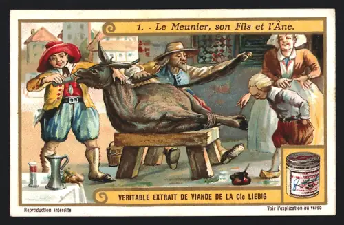 6 Sammelbilder Liebig, Serie Nr. 1158: Le Meunier, son Fils et l`Âne, Scènes