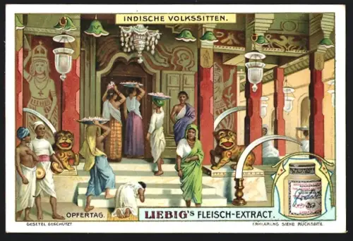 6 Sammelbilder Liebig, Serie Nr. 810: Indische Volkssitten, Märchenerzähler, Tänzerinnen, Volksspiele, Opfertag