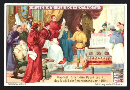 6 Sammelbilder Liebig, Serie Nr. 836: Raphael, Elternhaus, Entwurf der Madonna della Sedia, Fra Bartolommeo, Tod