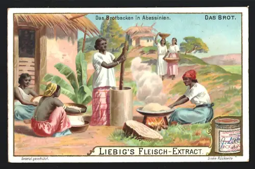 6 Sammelbilder Liebig, Serie Nr. 706: Das Brot, Korn-Dreschen in Chile, Dampfbrotbäckerei, Brotbacken in Abessinien