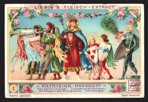 6 Sammelbilder Liebig, Serie Nr. 827: Patrizier-Hochzeit, Beschenkung von Armen, Brautpaar mit Pagen, Brautführer