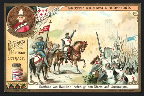 6 Sammelbilder Liebig, Serie Nr. 811: Kreuzzüge, Zweiter Kreuzzug 1147-1149, Vierter Kreuzzug 1195-1203