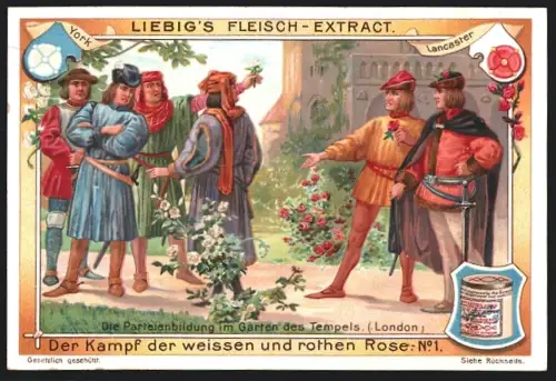 6 Sammelbilder Liebig, Serie Nr. 818: Der Kampf der weissen und roten Rose, Graf Richmond vereinigt die Partien