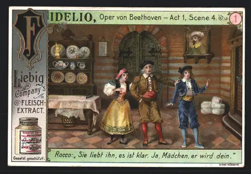 6 Sammelbilder Liebig, Serie Nr. 675: Oper Fidelio von Beethoven, Act 2 Scene 8, Act 3 Scene 7, Act 1 Scene 4