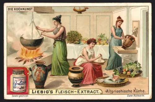 6 Sammelbilder Liebig, Serie Nr. 718: Kochkunst, Am Spiess, Küche im Mittelalter, Abkochen im Feldlager b. Tien-tsin