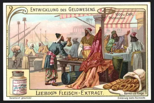 6 Sammelbilder Liebig, Serie Nr. 921: Entwicklung des Geldwesens, Römische Münzen 37- 117 n. Chr., Papiergeld 18. Jh.