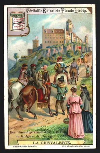 6 Sammelbilder Liebig, Serie Nr. 1087: Le Chevalerie, Exercices d`armes des Damoiseaux, Residence d`un grand-maitre