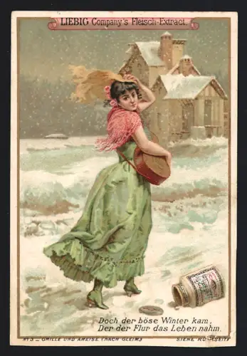 6 Sammelbilder Liebig, Serie Nr. 337: Grille und Ameise, nach Gleim, Frauen mit Spinnrad und Gitarre