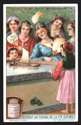 6 Sammelbilder Liebig, Serie Nr. 1195: Voyage de Gulliver à Brobdingnag