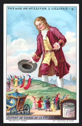 6 Sammelbilder Liebig, Serie Nr. 1194: Voyage de Gulliver à Lilliput, Scènes