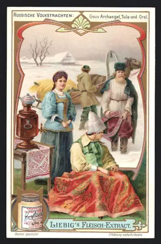 6 Sammelbilder Liebig, Serie Nr. 848: Russische Volkstrachten, Gouv. Woronesh, Gouv. Minsk, Gouv. Kaluga