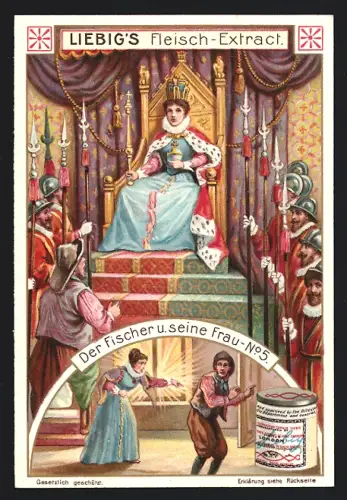 6 Sammelbilder Liebig, Serie Nr. 834: Der Fischer und seine Frau, Märchen der Gebrüder Grimm, Szenen