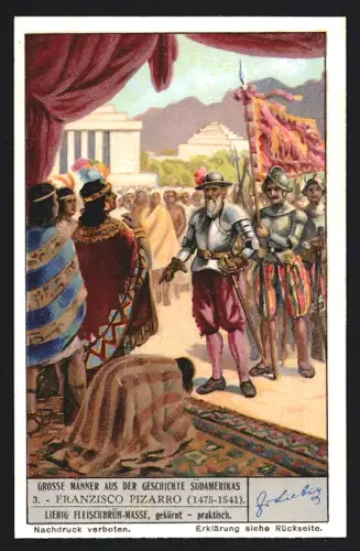 6 Sammelbilder Liebig, Serie Nr. 1380: Grosse Männer aus der Geschichte Südamerikas, Amerigo Vespucci, Simon Bolivar