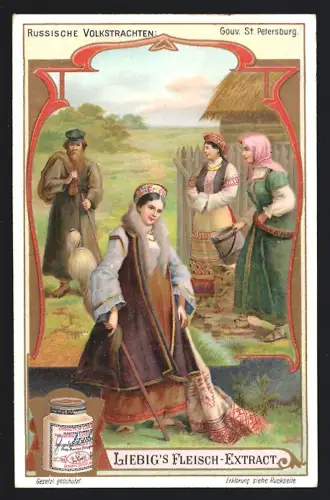 6 Sammelbilder Liebig, Serie Nr. 848: Russische Volkstrachten, St. Petersburg, Woronesh, Archangel, Kasan und Wjätka