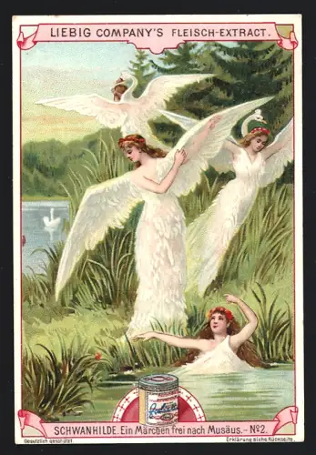 6 Sammelbilder Liebig, Serie Nr. 643: Schwanhilde, Ein Märchen frei nach Musäus, Szenen
