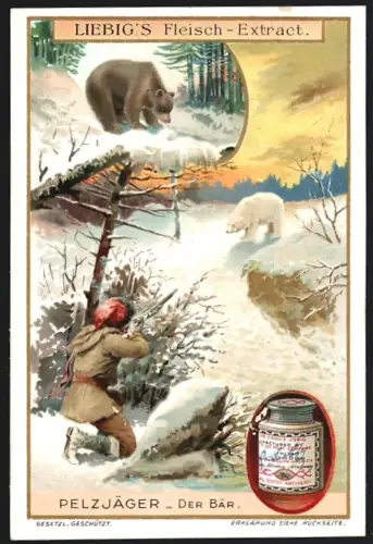 6 Sammelbilder Liebig, Serie Nr. 918: Pelzjäger, Robben, Fischotter, Hermelin, Fuchs, Biber, Bär