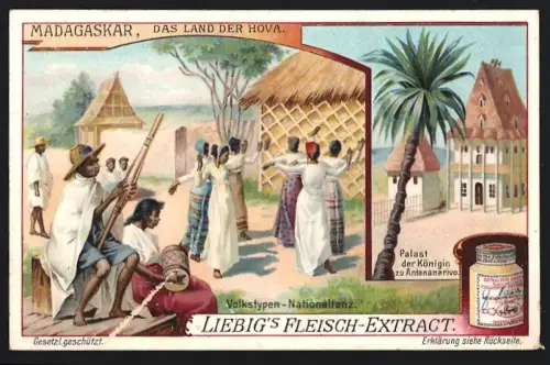 Sammelbild Liebig, Madagaskar, Das Land der Hova, Palast der Königin, Volkstypen, Nationaltanz