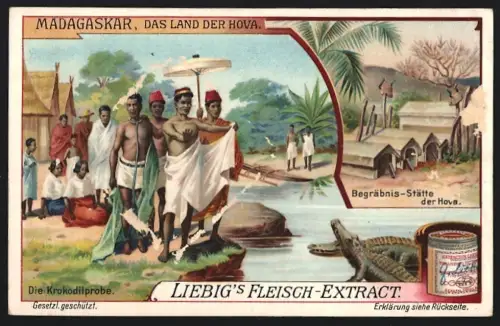 Sammelbild Liebig, Madgaskar, Das Land der Hova, Begräbnis-Stätte der Hova, Die Krokodilprobe