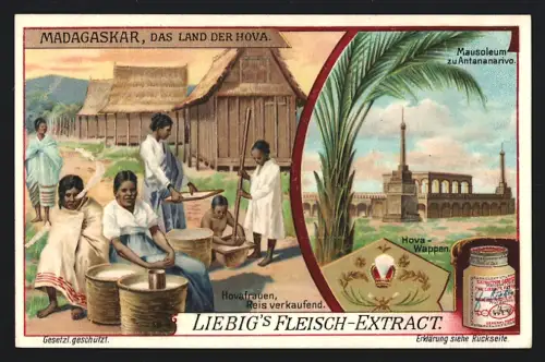 Sammelbild Liebig, Madagaskar, Das Land der Hova, Mausoleum zu Antananarivo, Reisverkauf