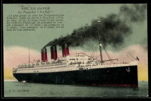 AK Passagierschiff Paris bei Einlaufen in den Hafen von Le Havre