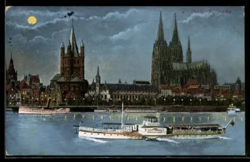 AK Köln, Panorama der Stadt mit Dom und Raddampfer Fürst Bismarck