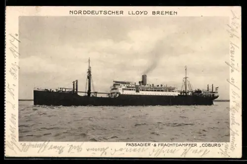 AK Passagierschiff Coburg des Norddeutschen Lloyd Bremen in Fahrt