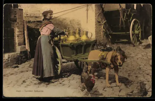 AK Flämische Milchverkäuferin mit Hundegespann