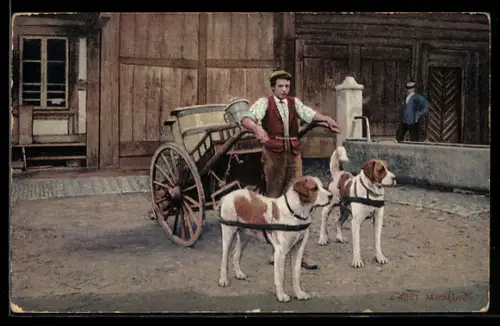 AK Milchverkäufer mit Hundegespann vor einem öffentlichen Brunnen