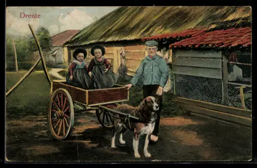 AK Drente, Hundegespann mit Knabe u. kleinen Mädchen in Tracht