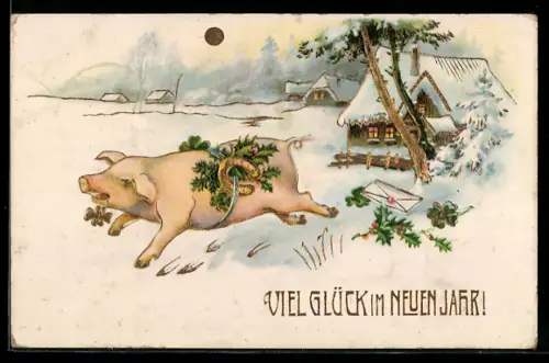 AK Durch den Schnee rennendes Schwein mit goldenem Hufeisen u. Kleeblatt, goldene Sonne, Neujahrsgruss