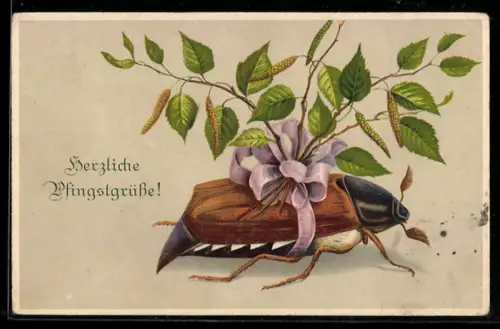 Lithographie Maikäfer mit rosa Schleife und Birkenzweigen um den Leib - Pfingstgruss