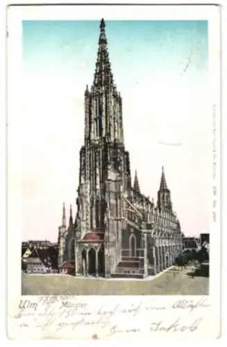 Goldfenster-AK Ulm, Totalansicht vom Münster