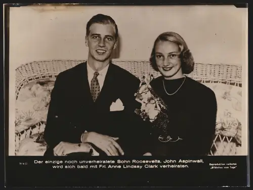 Fotografie unbekannter Fotograf und Ort, John Aspinwall, Sohn Roosevelts, mit seiner baldigen Frau Frl. Anne Lindsay Cla