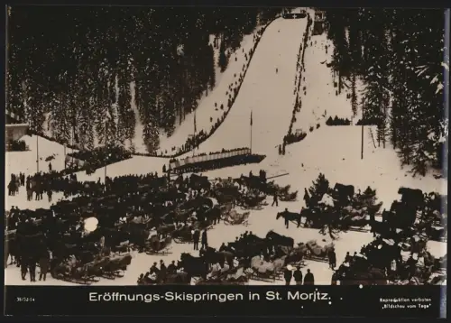Fotografie Ansicht St. Moritz, Eröffnungs-Skispringen in St. Moritz, Zuschauer an der Skischanze
