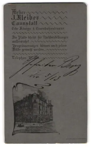 Fotografie J. Kleiber, Cannstatt, Eisenbahnstrasse, Ansicht Cannstatt, Strasseneck am Atelier mit Strassenbahn