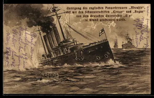 AK Untergang der engl. Panzerkreuzer Aboukir, Hogue und Cressy, versenkt durch das deutsche U-Boot U-9